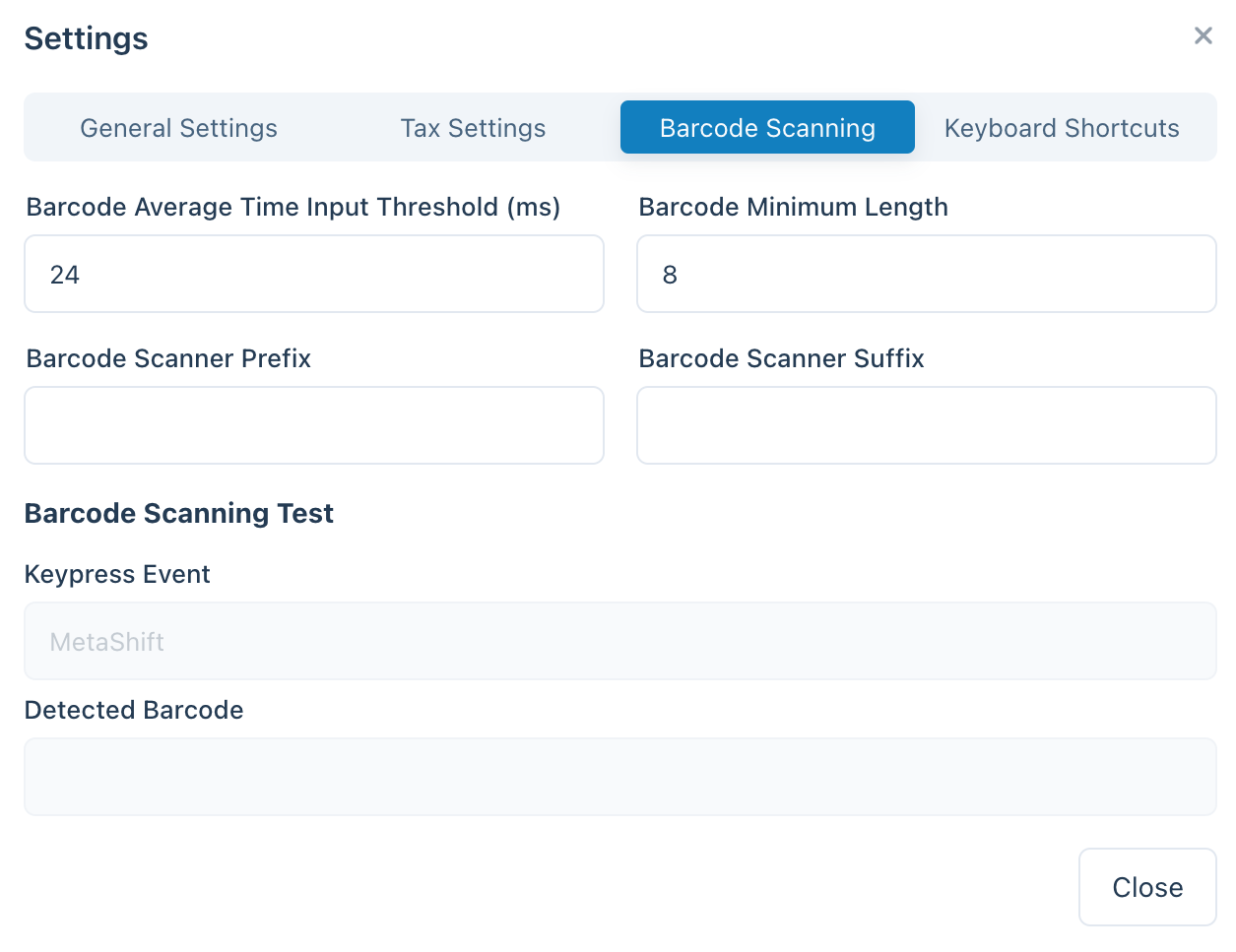 Barcode Scanning Settings in the POS Settings